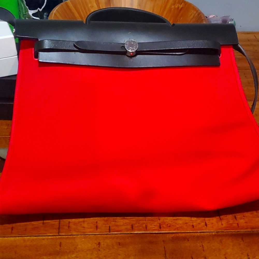 AUTHENTIC Hermes canvas and black leather tote bag